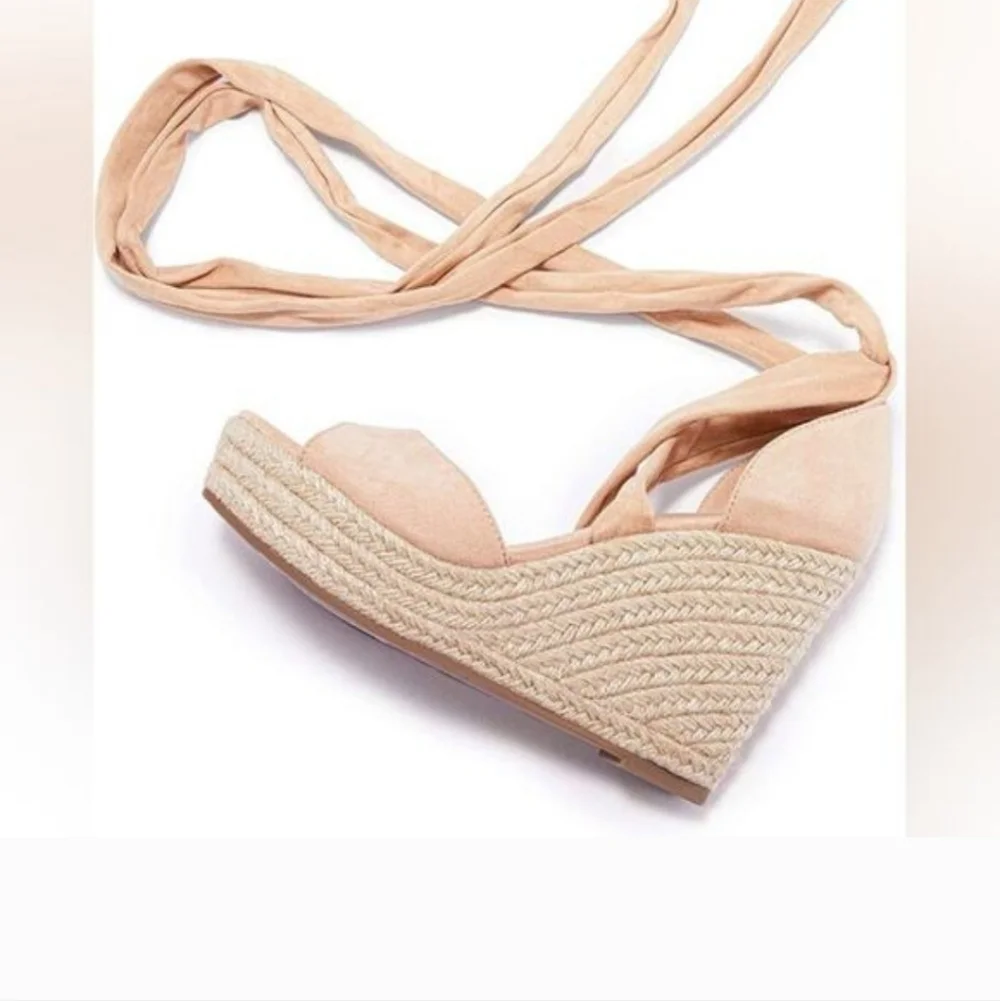 New‎ Blush Pink Espadrille Wedge Sandals Suede Ankle Tie Platforms Size 9.5